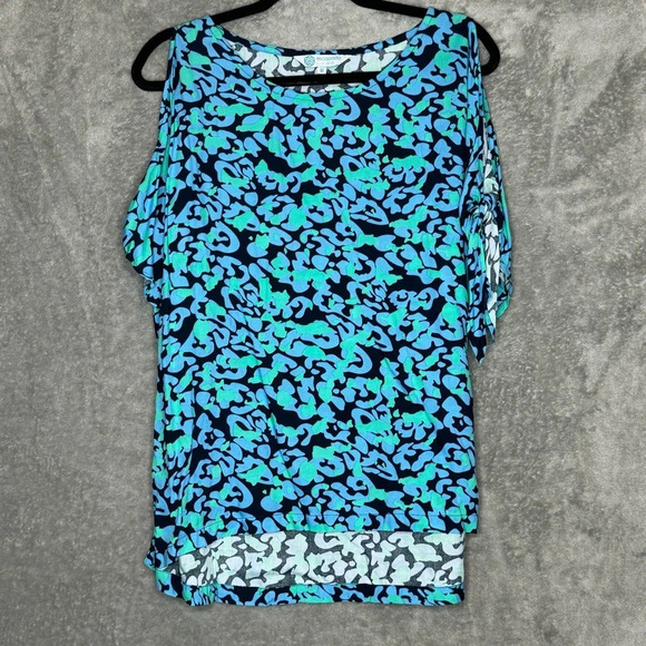 Escapade Living Medium Shirt Top Blue Animal Print Cold Shoulder Scoop Neck Knit - Picture 1 of 9